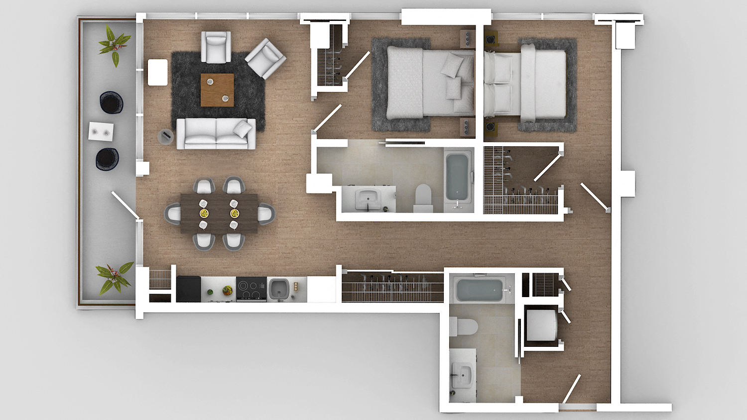 Floor plan for 2 beds, 2 baths, 970 sqft